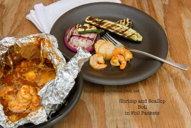 Camping recipe: shrimp and scallop boil sealed into a foil packet for a seafood campfire dinner with no cleanup