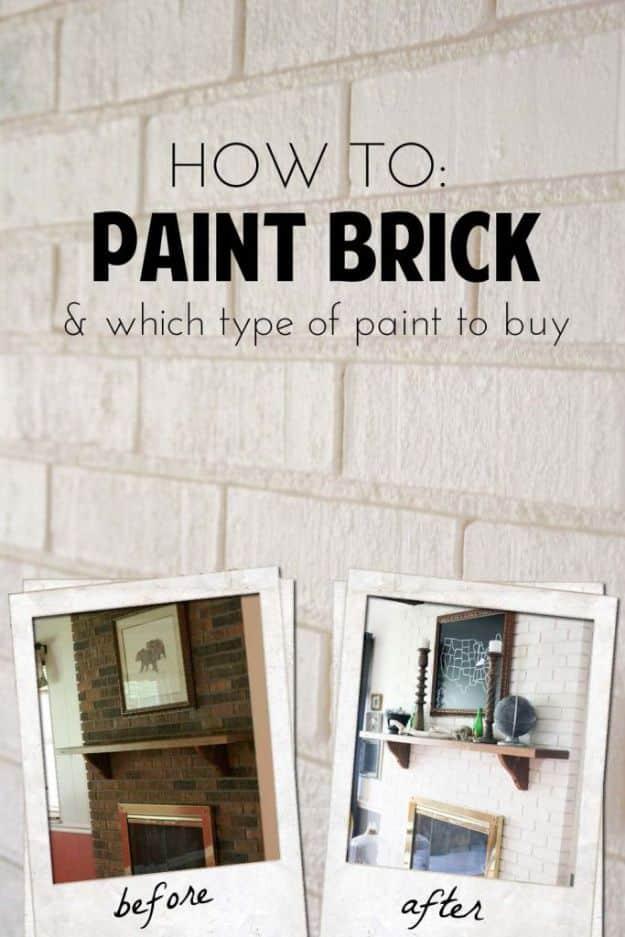 Painting hack graphic, a dark brick fireplace and the same one painted white, shown as two small framed photos