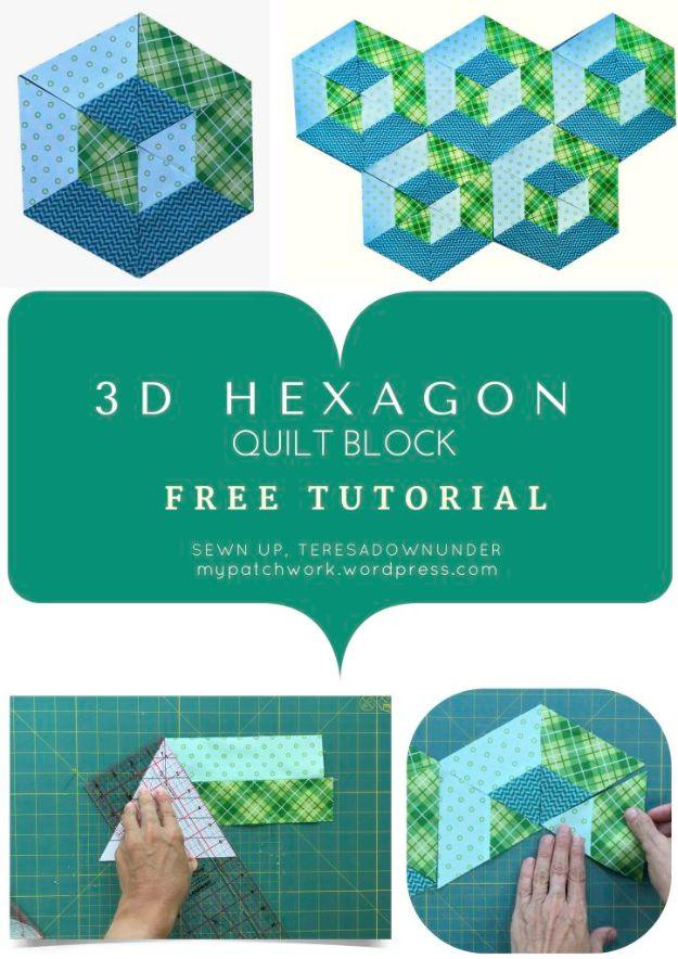 3D hexagon quilt block tutorial graphic, blue and green fabric cubes above two cutting mat steps with a text panel