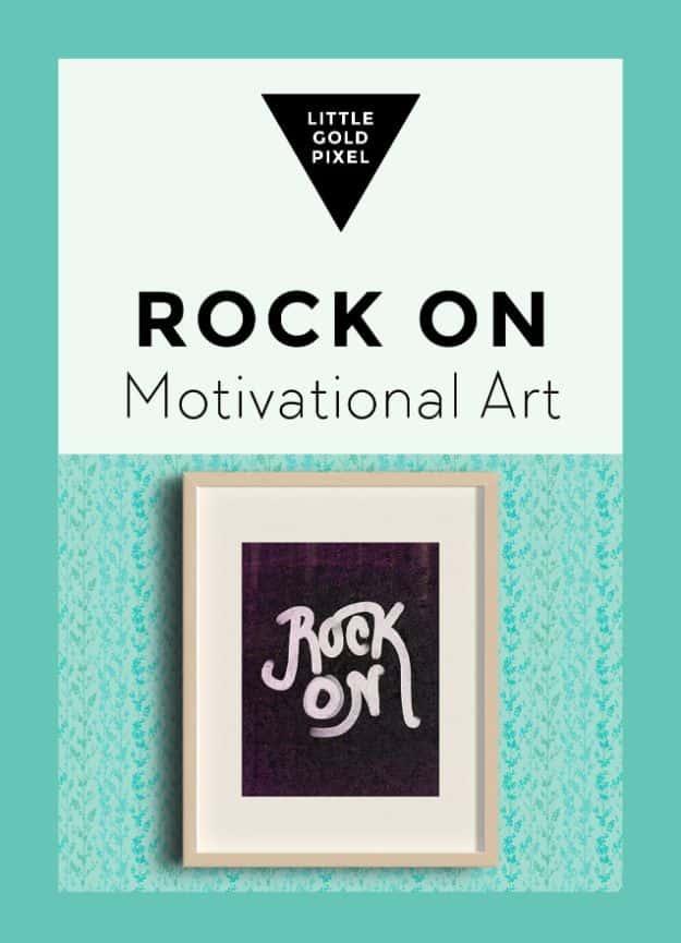 Rock on free art printable, the words rock on brushed in white on a near black panel inside a teal and cream poster layout