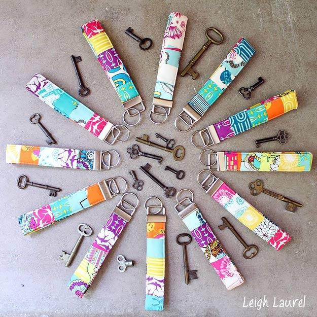 DIY crafts to make and sell: fabric key fob sewn from cotton webbing and fob hardware, quick to batch in many prints