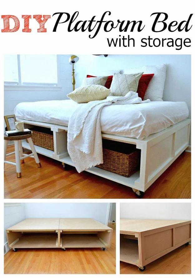 Typeset graphic reading DIY Platform Bed with Storage over three photos of a white storage bed on castors