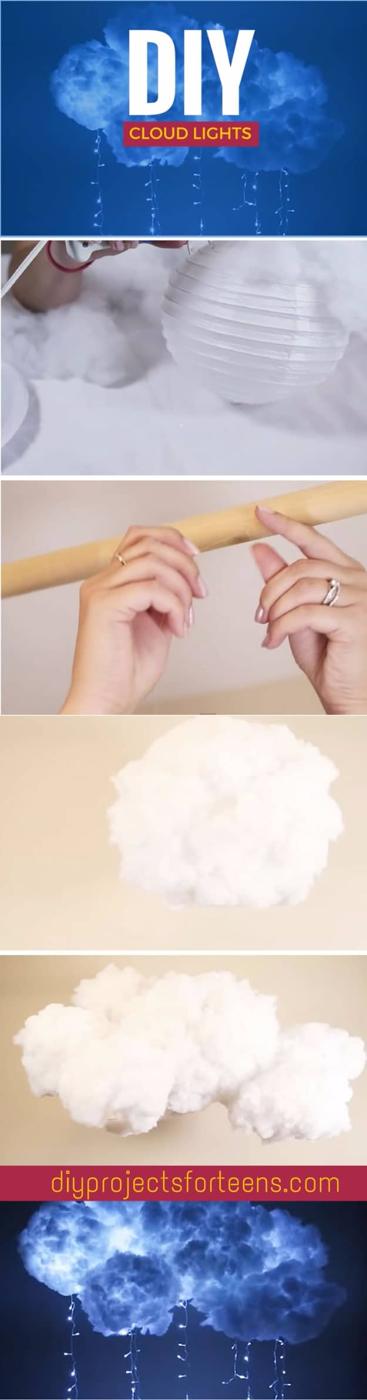 DIY cloud light, a cluster of white batting covered lanterns lit from within, above a panel of supply photos
