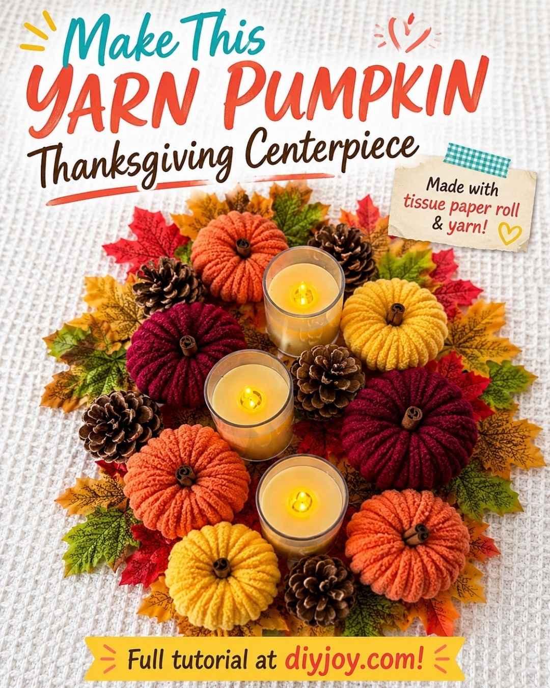 Pumpkin Crafts - finished yarn pumpkins styled for fall decor, made from upcycled toilet paper rolls.