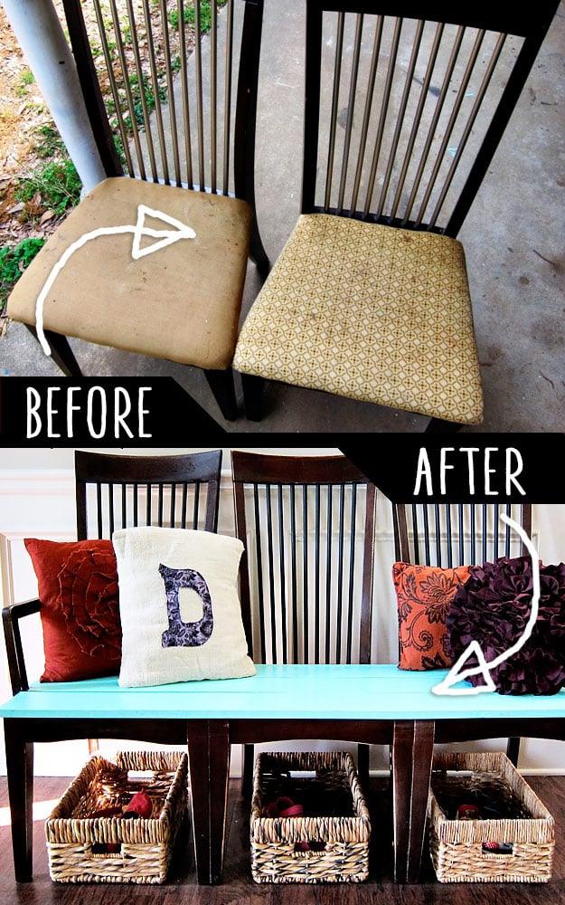Before and after collage of two worn dining chairs above three of the same chairs joined by a turquoise plank seat