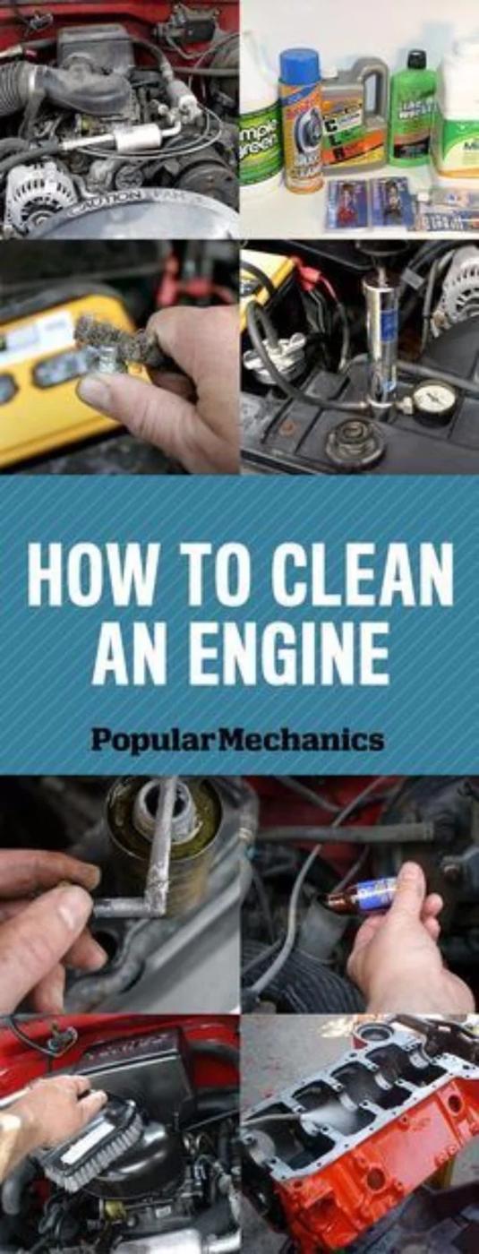 Collage of engine bay cleaning steps, a wire brush on a battery terminal and bottles of cleaner, under typeset lettering