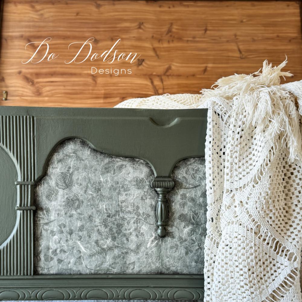 Vintage cedar chest refinished in soft green with a textured panel detail and warm cedar wood above it