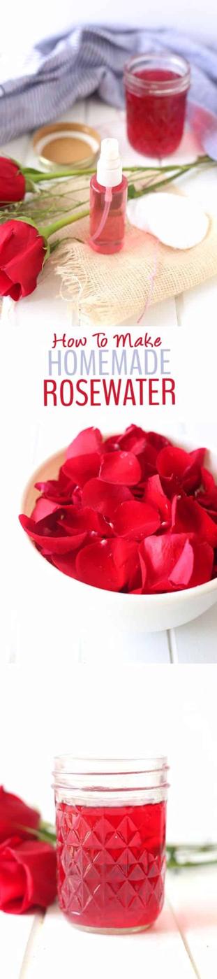 DIY rosewater face toner, three panels of a dropper bottle of toner, red petals steeping in a bowl and a jar of rose water