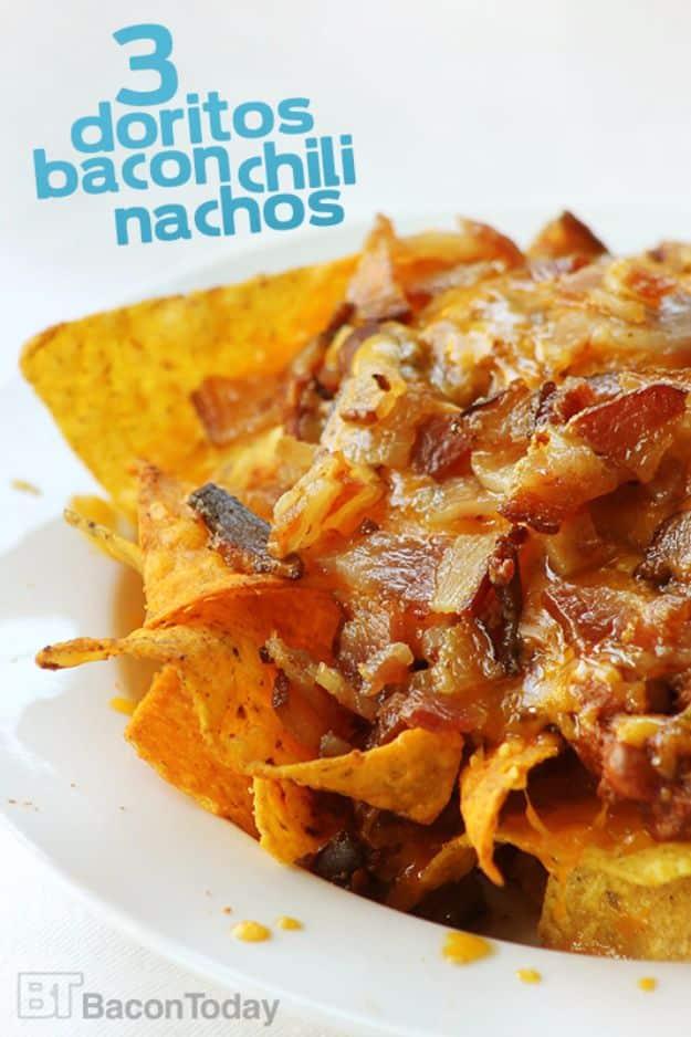 Three Doritos chili bacon nachos layered with chili, chopped bacon and melted shredded cheese on a platter