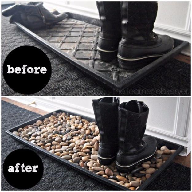 Before and after photos of a black boot tray, first empty and ridged, then filled with mixed river rocks under boots