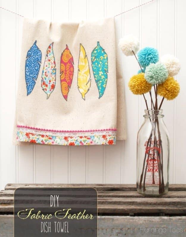 Sewing craft to sell: a dishtowel appliqued with pretty fabric feathers for a decorative yet functional kitchen accent