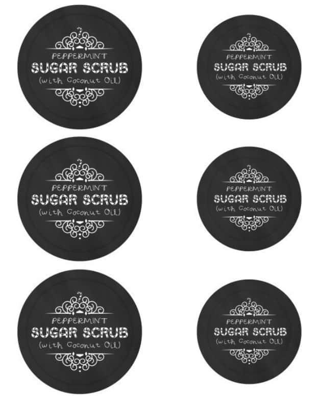 Mason jar sugar scrub free printables, six round black chalkboard labels reading peppermint sugar scrub with coconut oil