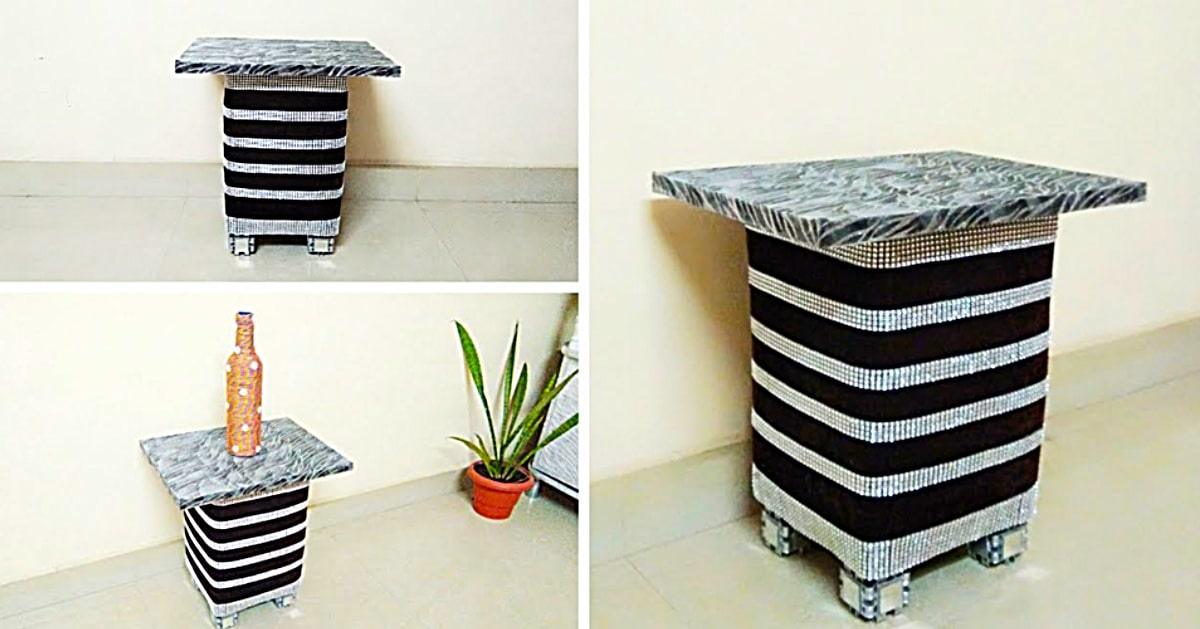 DIY Side Table From Cardboard And Plastic Bottles