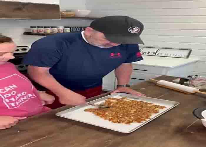 Making the sugared pretzels for the apple salad