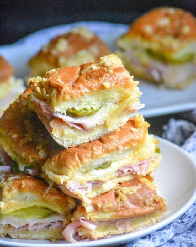 Easy dinner recipe: Cuban style sliders layered with ham, pork, and cheese for a quick dinner for the whole family