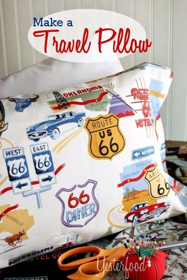 DIY travel pillow, a small home sewing project with a Route 66 print pillow beside scissors and a tomato pincushion