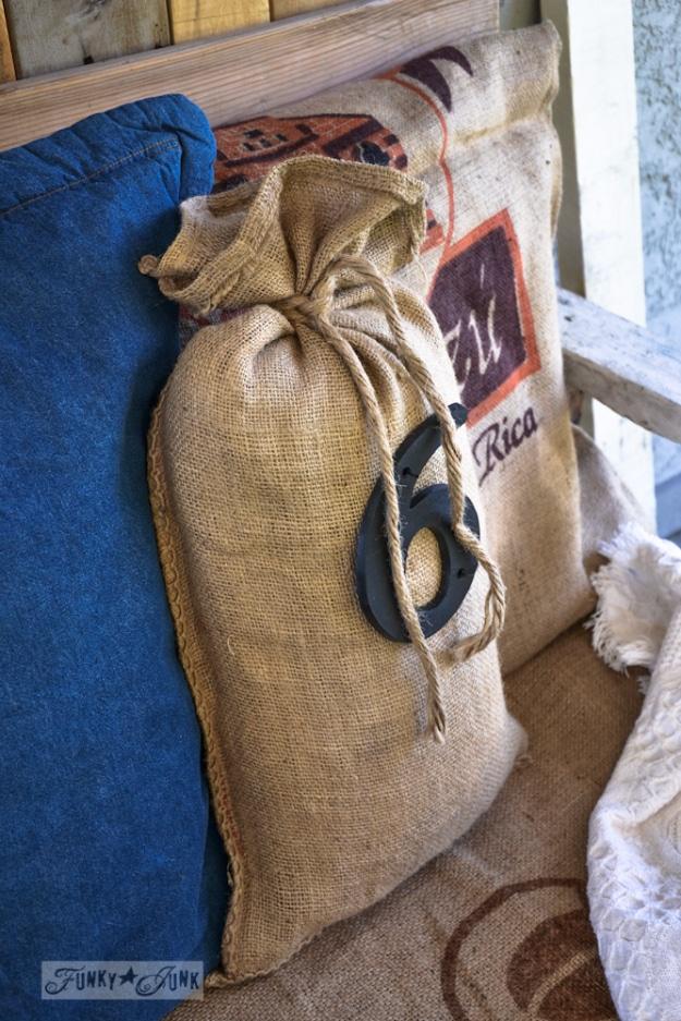 Easy Burlap Sandbag Pillow, a clever trash to treasure craft worth trying this weekend and a favorite pick from this roundup