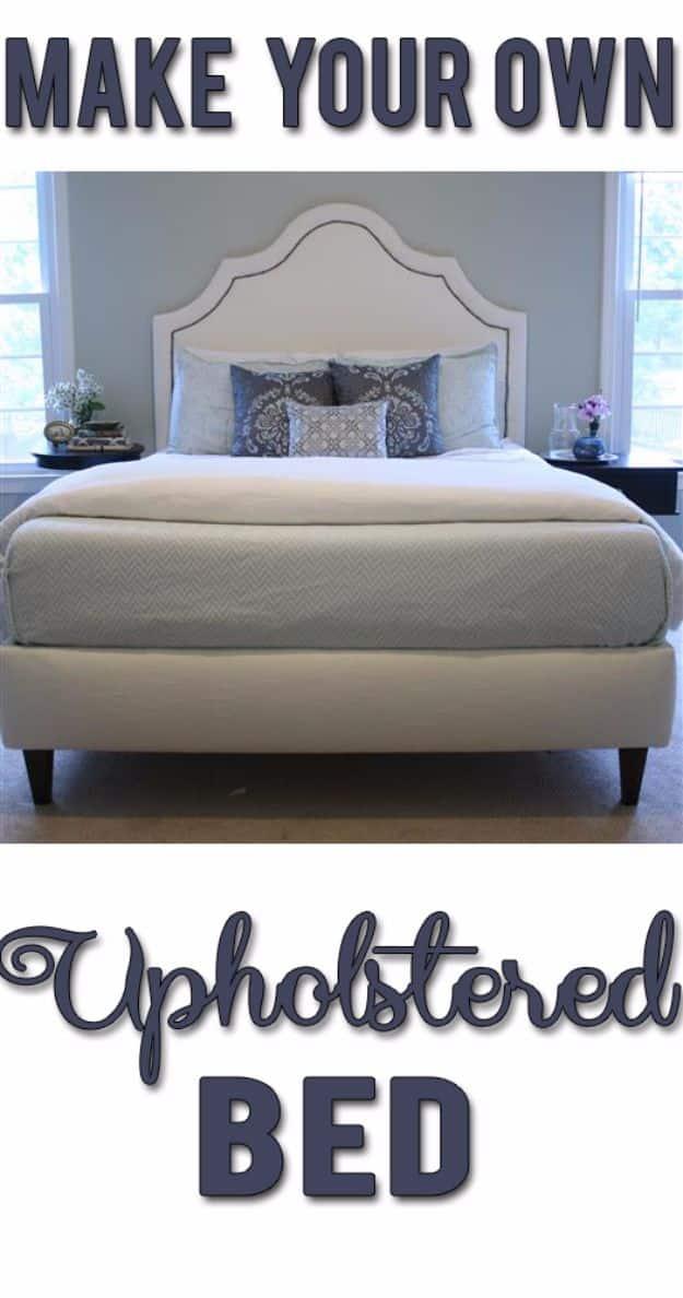 Typeset graphic reading Make Your Own Upholstered Bed around a photograph of a cream upholstered bed