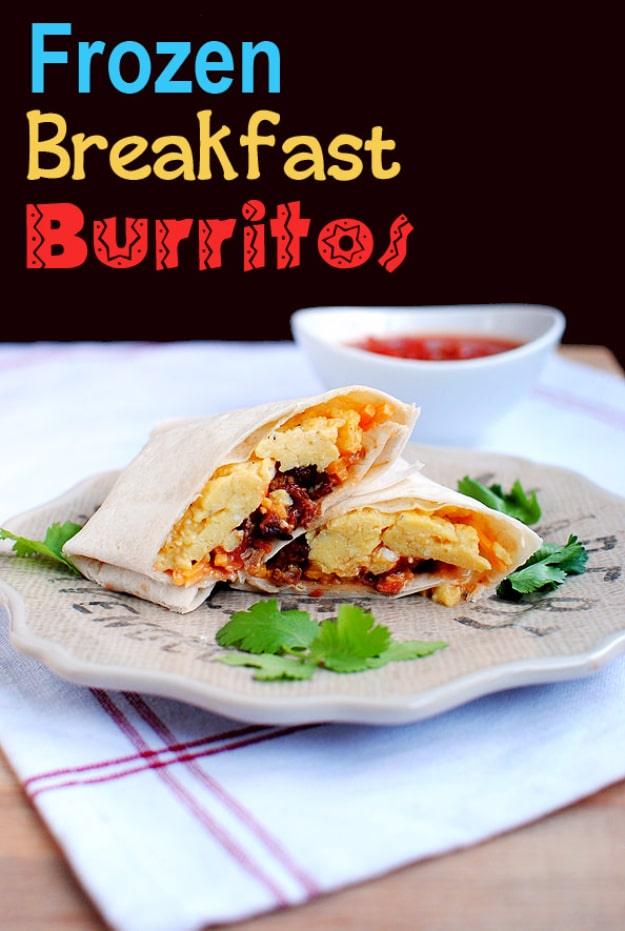 Typeset pin graphic showing one frozen breakfast burrito cut in half on a white plate with egg, pepper and cheese