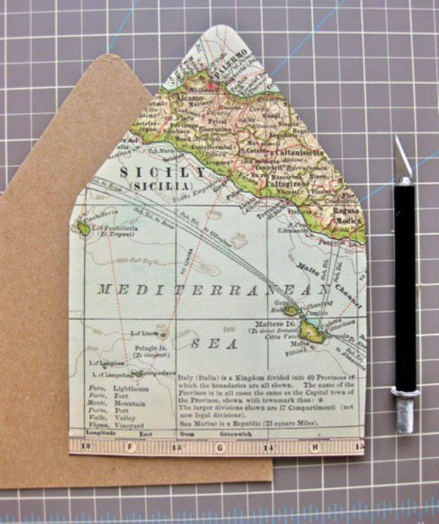 Map Lined Envelopes, a reclaimed paper keepsake, a fast weekend build even for a novice and a detail guests always ask about