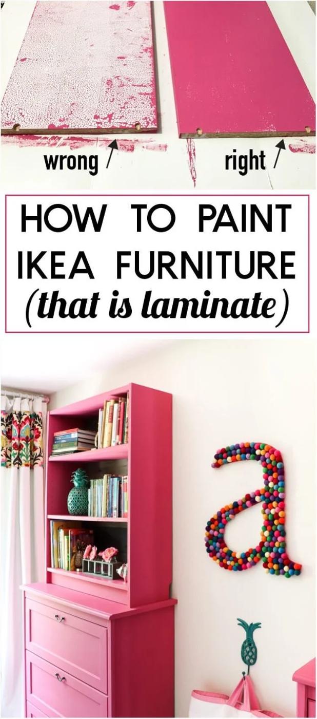 Painting hack for IKEA furniture, a wrong and right panel comparison above a hot pink painted laminate bookcase