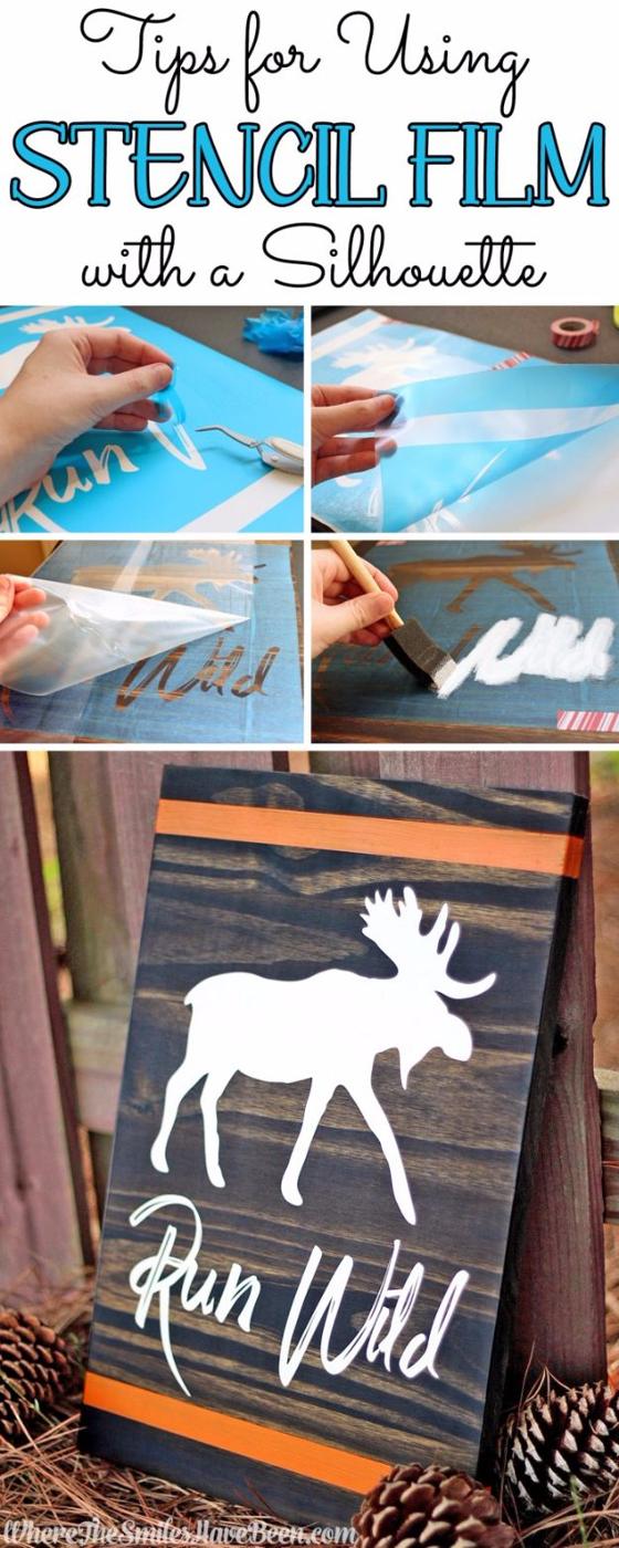 Tips for using stencil film graphic, a step collage with a white moose Run Wild sign on a dark board