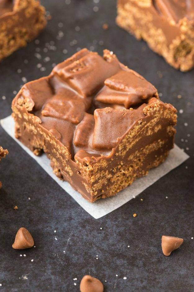No bake peanut butter Kit Kat crunch bars made with Rice Chex cereal and chocolate, cut into neat bars