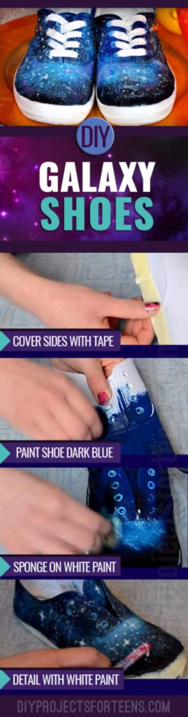DIY galaxy shoes, navy and purple galaxy painted sneakers with white star speckles above four step photos