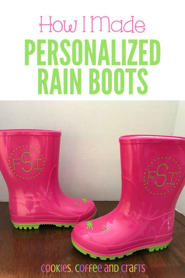 Personalized rain boots, bright pink kids rain boots with green vinyl kitty faces and a monogram on each