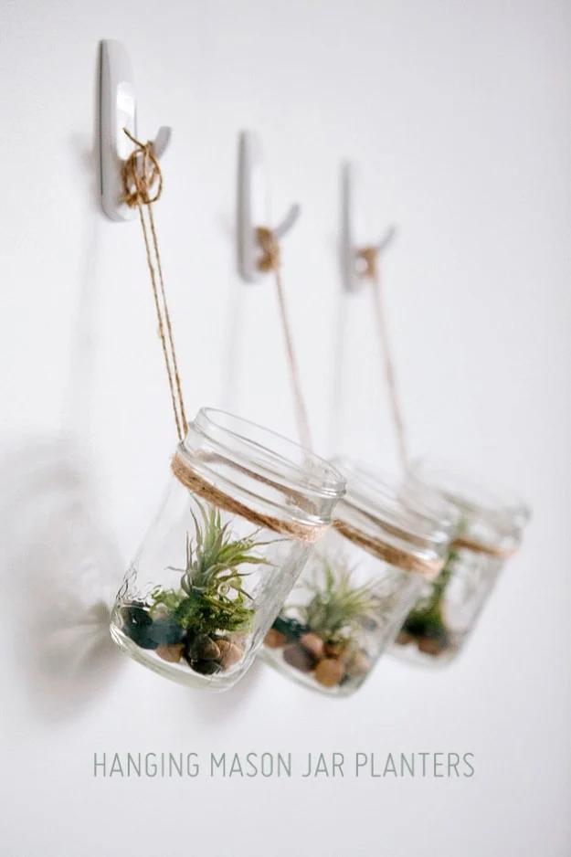 DIY Hanging Mason Jar Planter with Air Plants, easy to customize with paint or stain already on hand