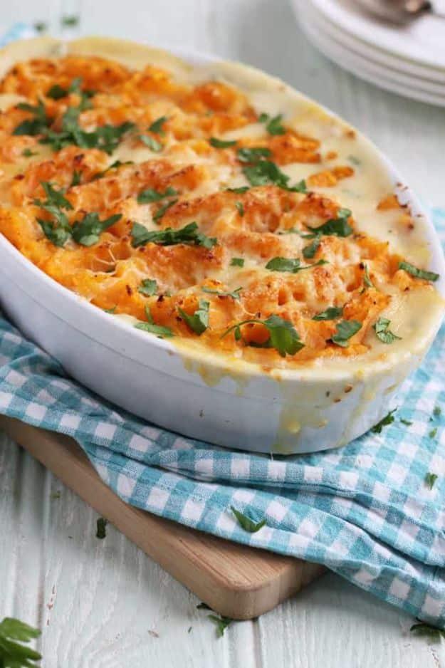 Sweet Potato Recipes - Sweet Potato Fish Pie With Salmon - Easy Recipe Ideas for Sweet Potatoes in the Crockpot, Casserole Dishes, Baked, Mashed, Candied and Roastedd - Healthy Ver