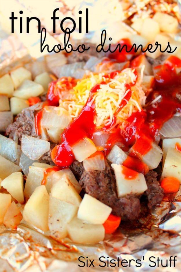 Classic tin foil hobo dinner packed with meat and vegetables for a campfire staple everyone remembers