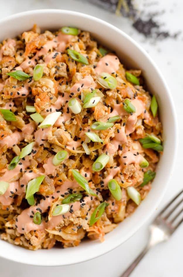 Ground Turkey Recipes - Turkey Egg Roll Bowl with Creamy Sriracha - Healthy and Easy Turkey Recipe Ideas for Dinner, Lunch, Snack - Quick Crockpot and Instant Pot, Casserole, Meatb