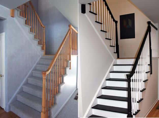 Before and after staircase images, grey carpet and oak rails before, dark treads with white risers after