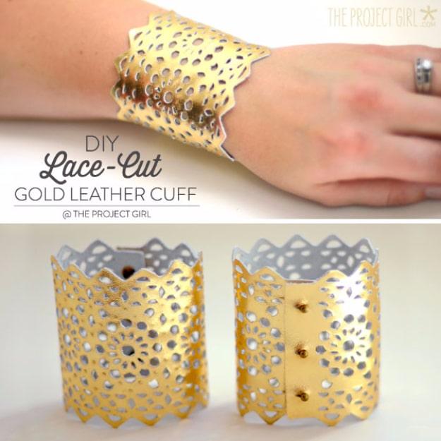 DIY Lace Cut Gold Leather Cuff, one of the best leather craft ideas on this list and a fresh take on a classic idea