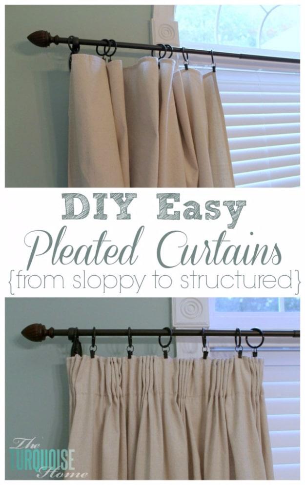 Typeset pin graphic reading DIY Easy Pleated Curtains over before and after photos of a cream panel header