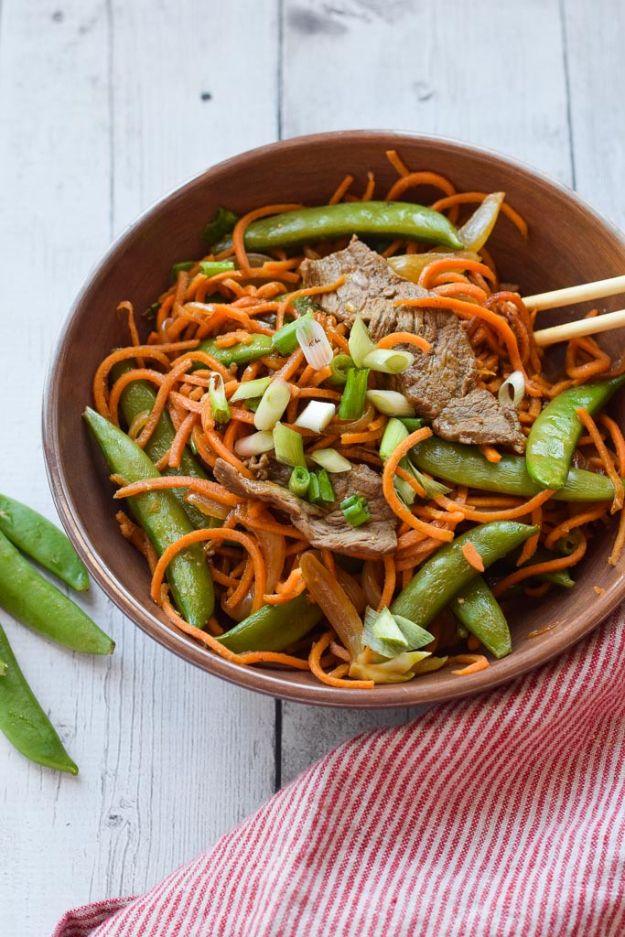 Veggie Noodle Recipes - Sweet Potato Noodle Stir Fry with Steak - How to Cook With Veggie Noodles - Healthy Pasta Recipe Ideas - How to Make Veggie Noodles With Carrots and Zucchin