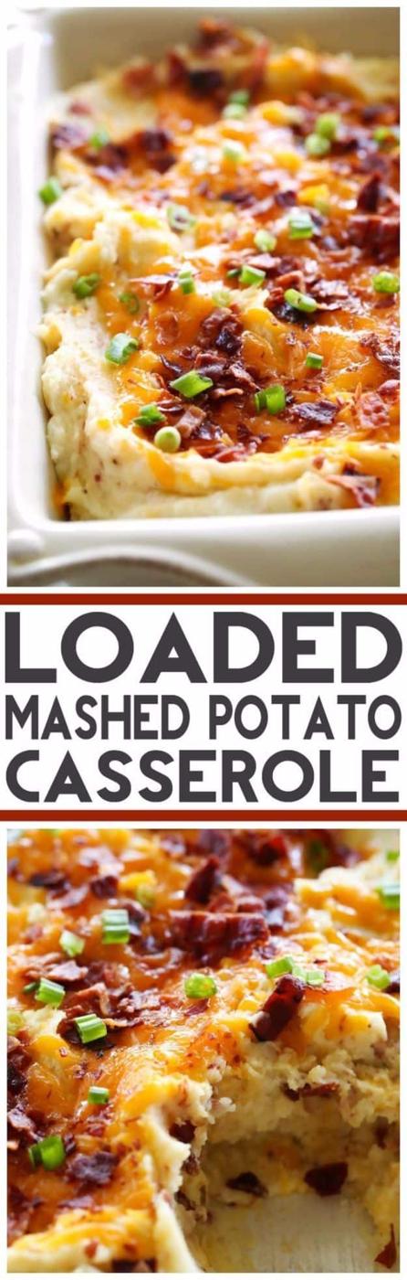 Loaded mashed potato casserole baked in a white dish, topped with melted cheese bacon and green onion