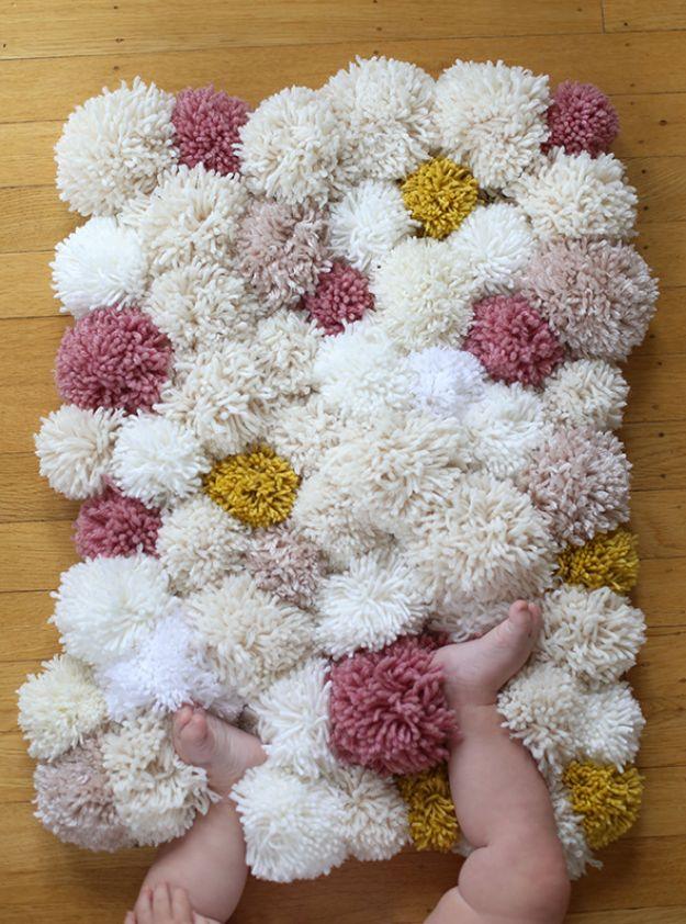 DIY Easy Pom Pom Rug, easy to customize with paint or stain already on hand and a keepsake worth handing down for years