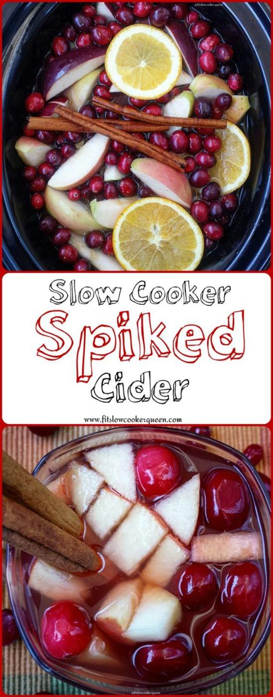 Spiked cider with floating apple slices, cranberries, citrus rounds and cinnamon sticks in a two panel collage