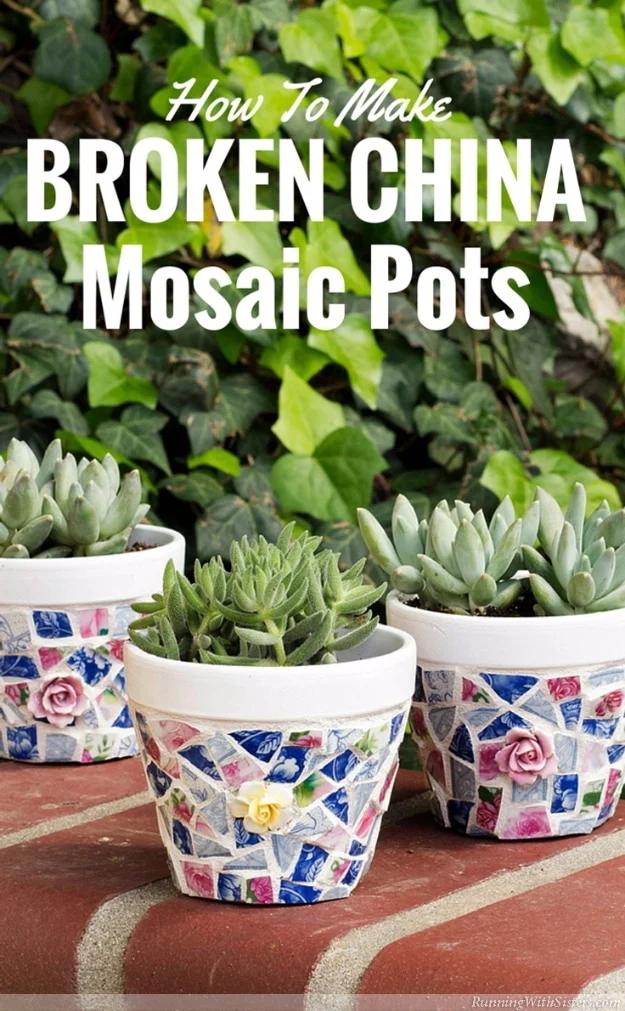 Broken china mosaic pots graphic, three terra cotta pots tiled in blue and pink china holding succulents, title typeset above