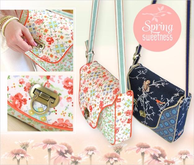 Two quilted crossbody flap bags, one coral floral with orange piping and one navy with birds, and a brass lock