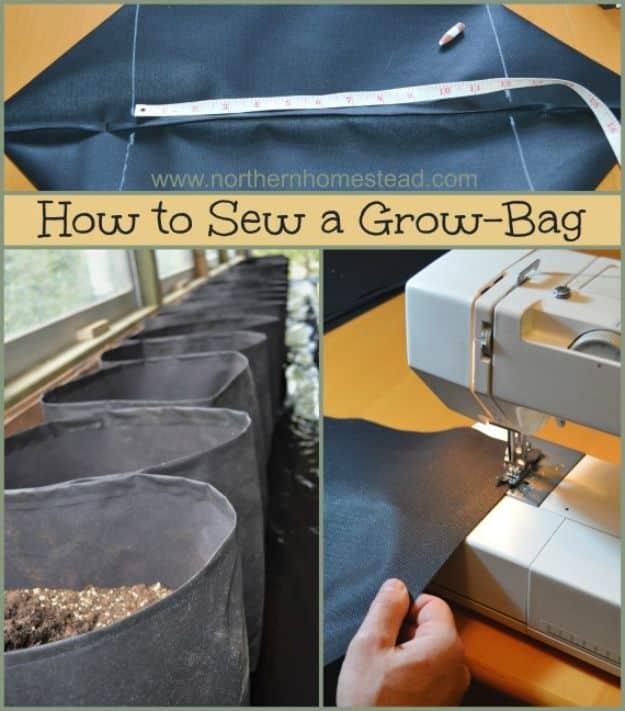 Sew a grow-bag, black landscape fabric being measured and stitched on a sewing machine beside finished black grow bags