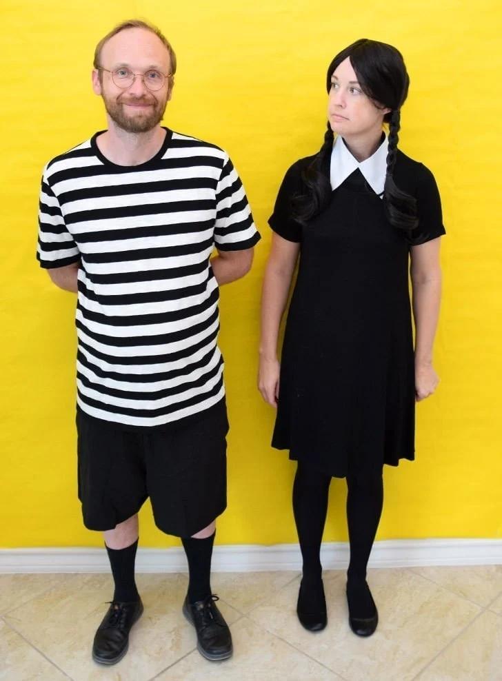 Wednesday and Pugsley Addams couples costume with a white felt collar, black braided wig and a striped tee