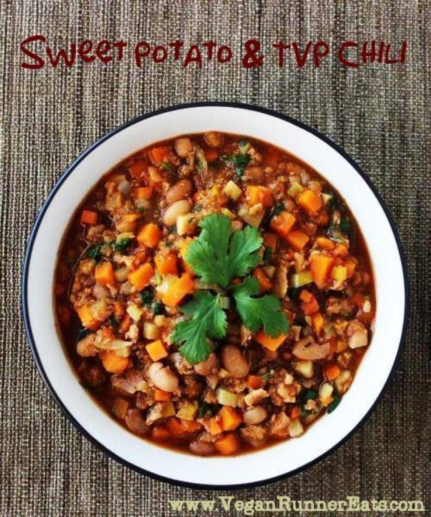 Graphic reading Sweet potato & TVP chili above a white bowl of vegan chili topped with fresh cilantro