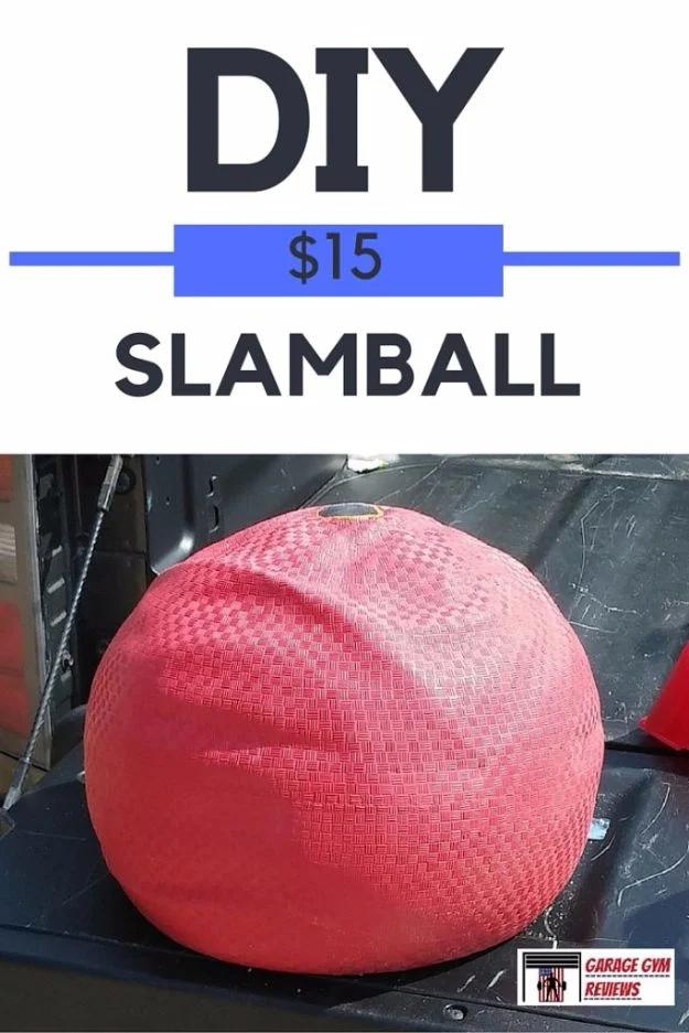 Typeset DIY $15 Slamball title over a photo of a red rubber playground kickball filled with sand in a truck bed