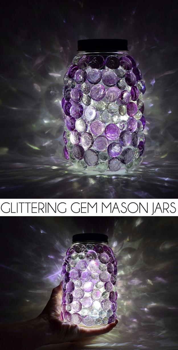 Glittering Gem Mason Jars, a fast project perfect for a rainy afternoon and a fun weekend craft with a jar and a few extras