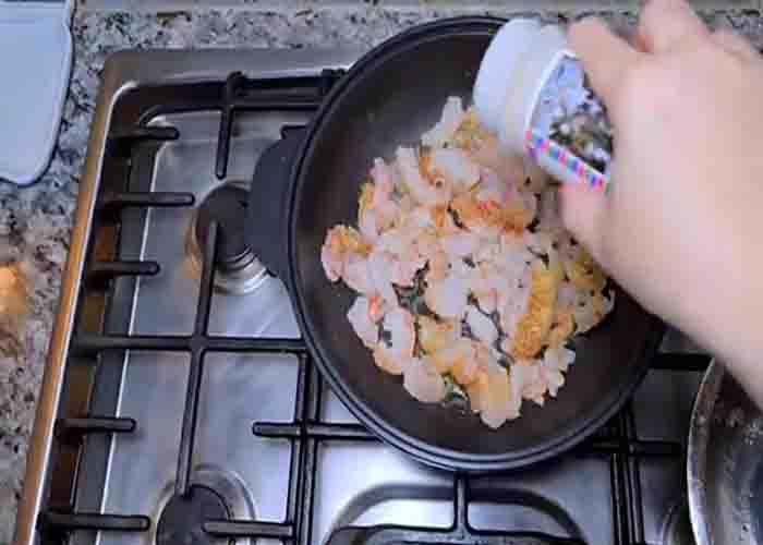 Cooking the shrimp for the Mexican shrimp cocktail