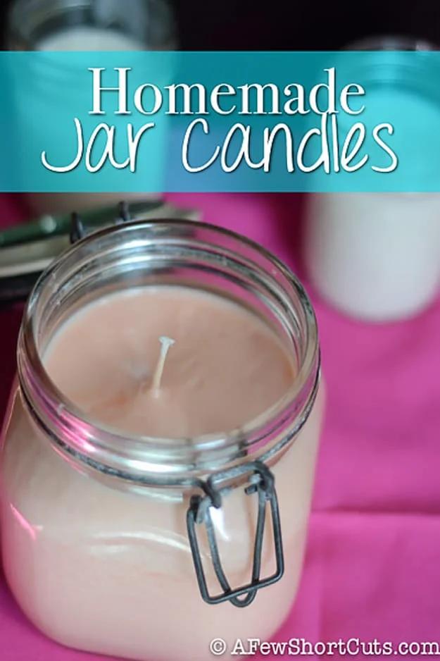 DIY crafts to make and sell: mason jar candles poured in custom scents and colors, a top selling craft fair item