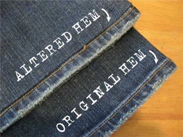 Two denim cuffs side by side labeled altered hem and original hem, showing the preserved frayed edge